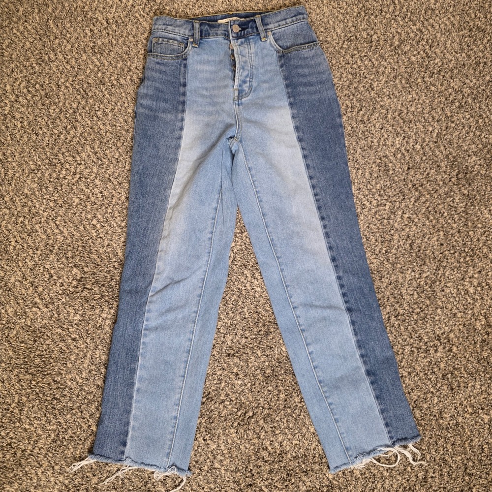 PacSun High Rise Straight Two‎ Tone Patchwork Jeans Blue Raw Hem Size 25